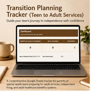 Op de afbeelding: Een laptopscherm toont een transitieplanning-tracker voor de overgang van tiener naar volwassenendiensten. Het dashboard bevat kolommen voor lopende doelen, beheerste vaardigheden en aanbieders, met de datum 2028-01-01 en 523 dagen resterend.
