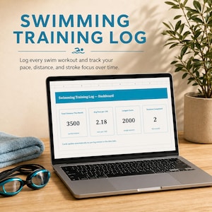 May include: A laptop displaying a Swimming Training Log dashboard with data cards for total distance, average pace, longest swim, and sessions completed. The screen shows the text Swimming Training Log and log every swim workout.