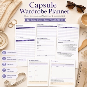 May include: A digital capsule wardrobe planner set featuring multiple printable pages and Google Sheets templates. The documents include sections for wardrobe inventory, outfit combinations, shopping lists, and style goals, all organised with purple headers.
