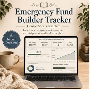 May include: A laptop displaying an Emergency Fund Builder Tracker Google Sheets template. The screen shows an Emergency Fund Dashboard with a goal amount of $10,000, a progress bar at 62.5%, a savings line graph, and a savings breakdown pie chart.