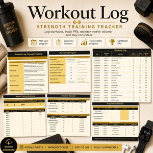 Op de afbeelding: Een digitaal trainingslogboek en krachttraining-tracker-sjabloon met secties voor programma-instellingen, persoonlijke records, wekelijkse samenvattingen en een dashboard. De lay-out gebruikt zwarte en gouden tekst op een lichte achtergrond.
