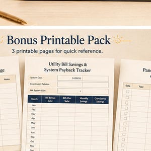 May include: A set of three printable pages titled Bonus Printable Pack, 3 printable pages for quick reference. The pages include a Solar Production Log, a Utility Bill Savings & System Payback Tracker, and a Panel Maintenance & Cleaning Log.