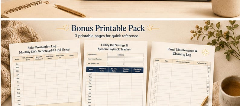 May include: A set of three printable pages titled Bonus Printable Pack, 3 printable pages for quick reference. The pages include a Solar Production Log, a Utility Bill Savings & System Payback Tracker, and a Panel Maintenance & Cleaning Log.