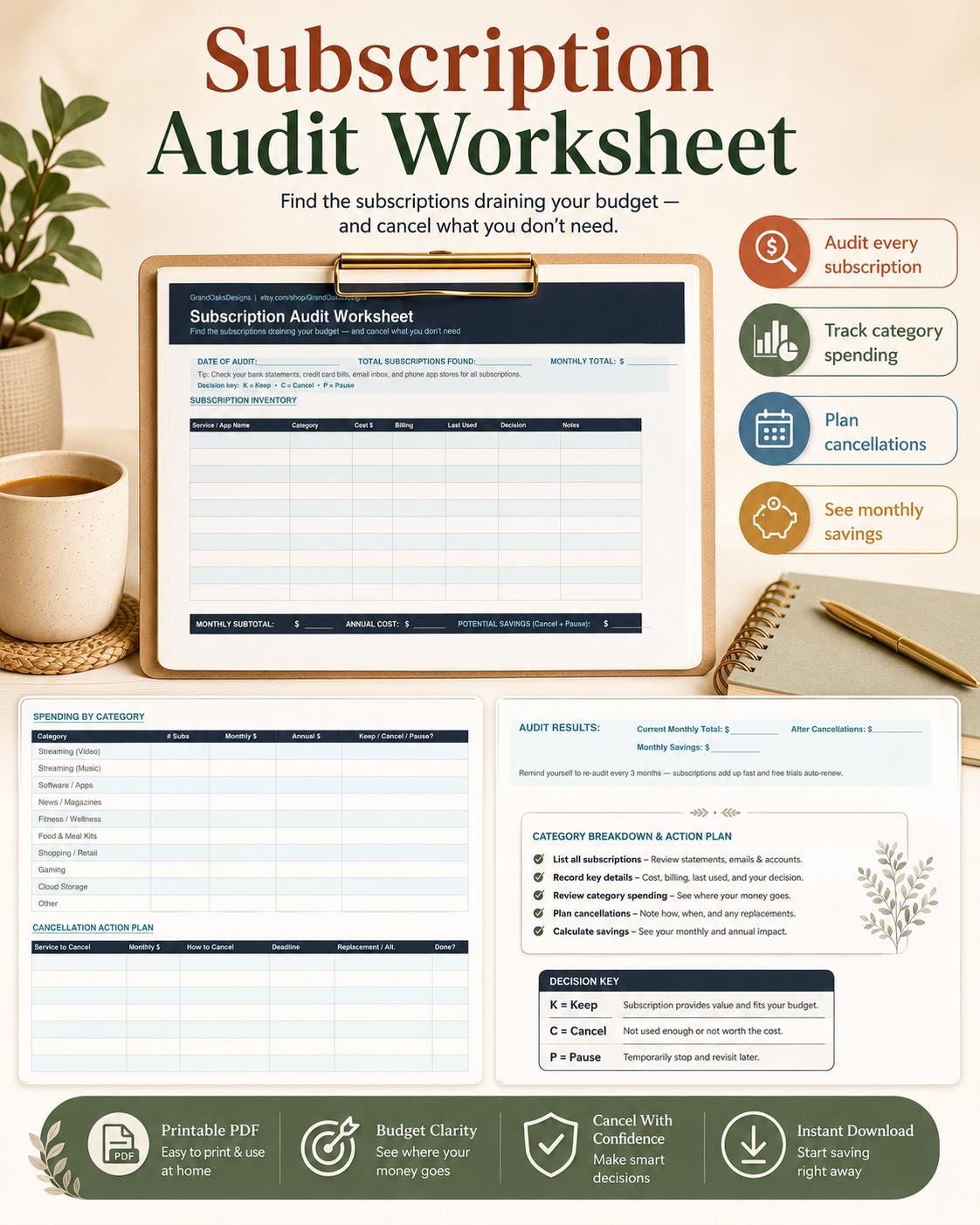 Subscription Audit Worksheet Printable | Monthly Bill Tracker | Cancel ...