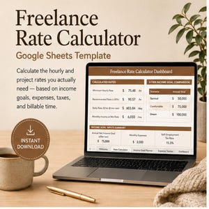 Może przedstawiać: Laptop wyświetlający szablon Google Sheets Freelance Rate Calculator z tabelami obliczonych stawek, celów dochodowych i podsumowań. Na ekranie widoczny jest tekst Freelance Rate Calculator oraz Instant Download.