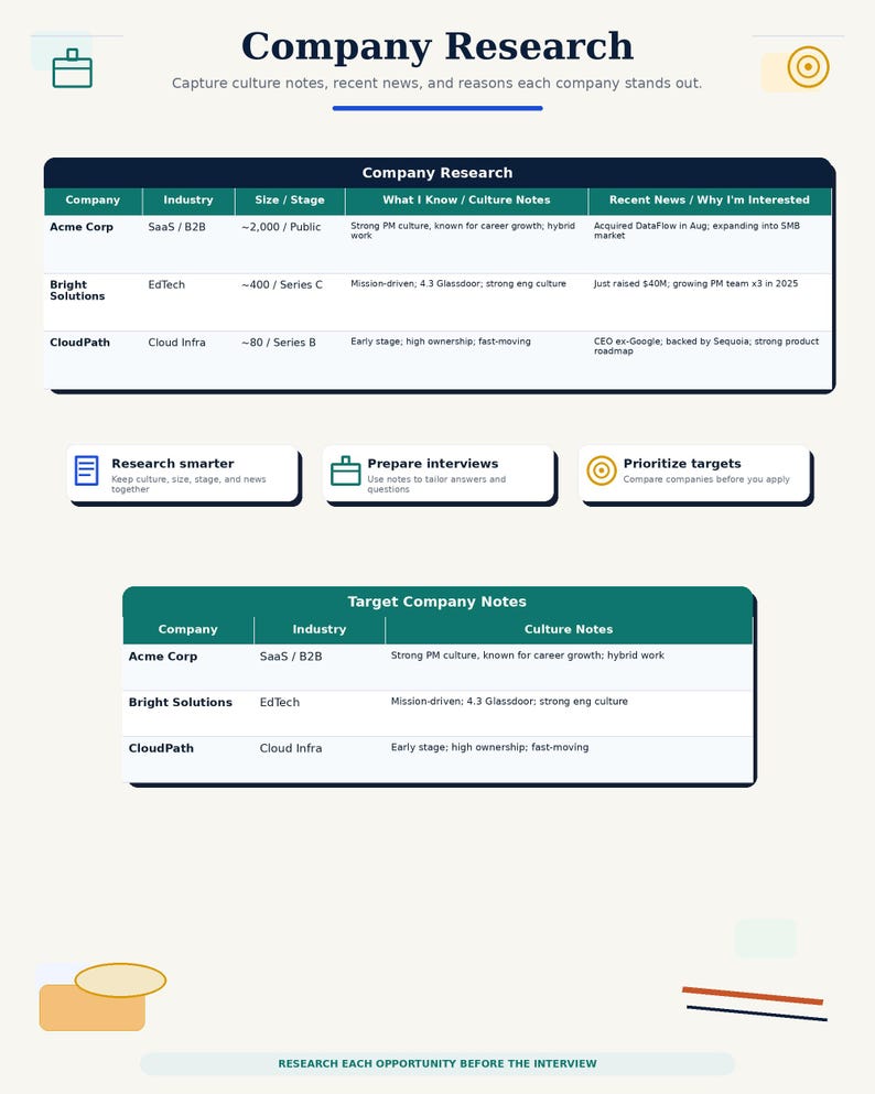May include: A digital template titled Company Research featuring two tables for tracking company data, industry, size, and culture notes. It includes sections for research, interview preparation, and target prioritization with icons and text.