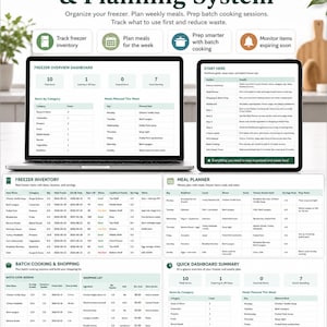 May include: A digital Freezer Meal Inventory & Planning System displayed on a laptop and tablet screen. The interface includes sections for freezer inventory, meal planning, batch cooking, and shopping lists with tables tracking food items.