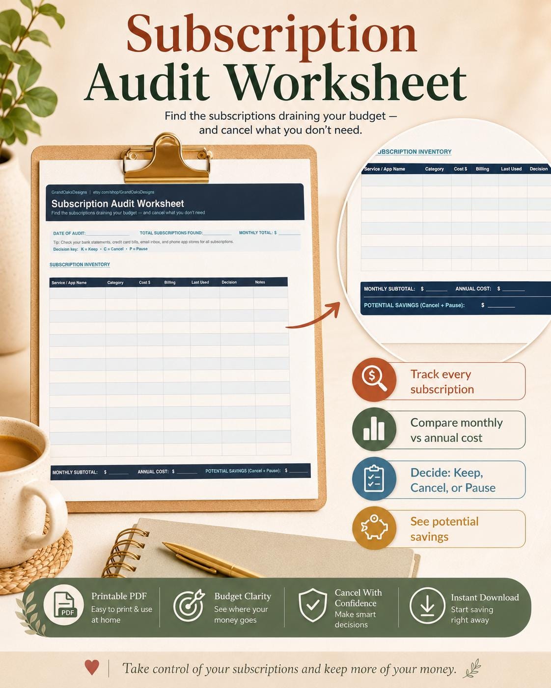 Subscription Audit Worksheet Printable | Monthly Bill Tracker | Cancel ...