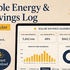 May include: A digital Renewable Energy & Solar Savings Log Google Sheets tracker displayed on a screen. The dashboard shows data including total kWh generated, solar offset percentage, utility savings, and system payback progress with charts.