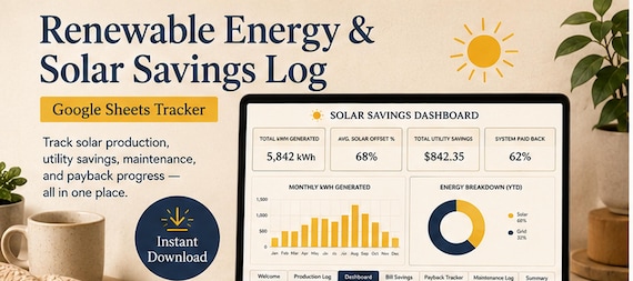 Renewable Energy and Solar Savings Log | Solar Production, Bill Savings and Payback Tracker | Google Sheets Printable