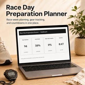 レース当日準備プランナー｜Googleスプレッドシートのカウントダウン＆装備チェックリスト｜印刷可能＋デジタル版ランナープランナー