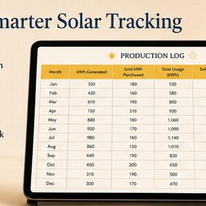 May include: A tablet screen displays a Production Log table for solar energy tracking. The text reads Built for Smarter Solar Tracking, with icons for logging production, tracking utility savings, monitoring payback, and recording maintenance.