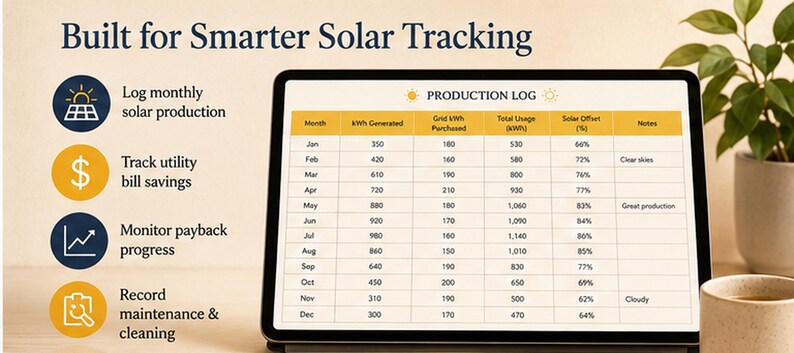 May include: A tablet screen displays a Production Log table for solar energy tracking. The text reads Built for Smarter Solar Tracking, with icons for logging production, tracking utility savings, monitoring payback, and recording maintenance.