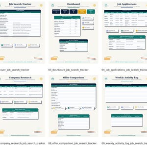 May include: A digital job search tracker template set featuring ten distinct pages including a dashboard, job applications, interview tracker, networking contacts, company research, offer comparison, weekly activity log, and resume versions.