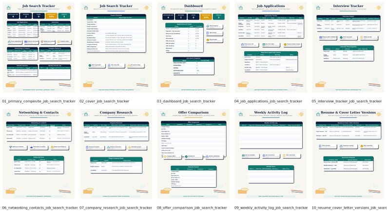 May include: A digital job search tracker template set featuring ten distinct pages including a dashboard, job applications, interview tracker, networking contacts, company research, offer comparison, weekly activity log, and resume versions.
