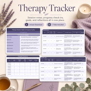 May include: A digital therapy tracker template featuring a title, session notes, progress check-ins, and session logs. The layout includes tables for tracking mood, session dates, topics, insights, and homework, presented in a purple and white color scheme.