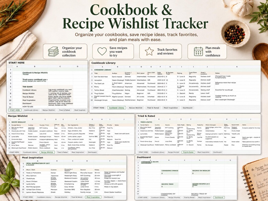 Cookbook Tracker Spreadsheet Recipe Wishlist Excel Google Sheets ...
