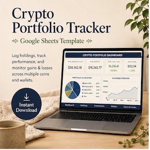 May include: A laptop displaying a Crypto Portfolio Tracker Google Sheets template. The screen shows a dashboard with total portfolio value, invested amount, gains, and a pie chart for allocation. Text includes Crypto Portfolio Tracker and Instant Download.