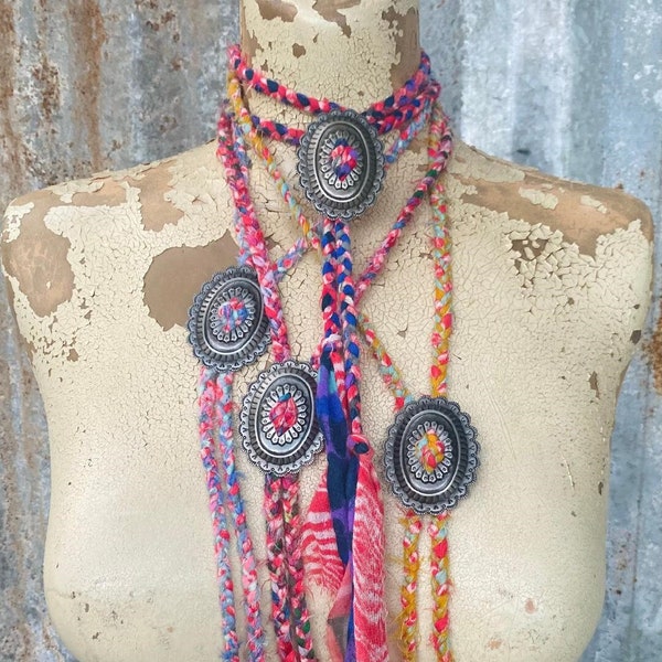 Stamped Concho Lariat and Vintage Fabric Braided Lariat - Bolo - Chocker - Western Style Necklace - Cowgirl Style - Navajo Inspired