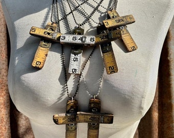 Handmade Vintage Carpenters Ruler Cross Necklace-Religious Necklace-Wooden Cross Necklace-Vintage Cross Pendant-Handmade Cross Pendant