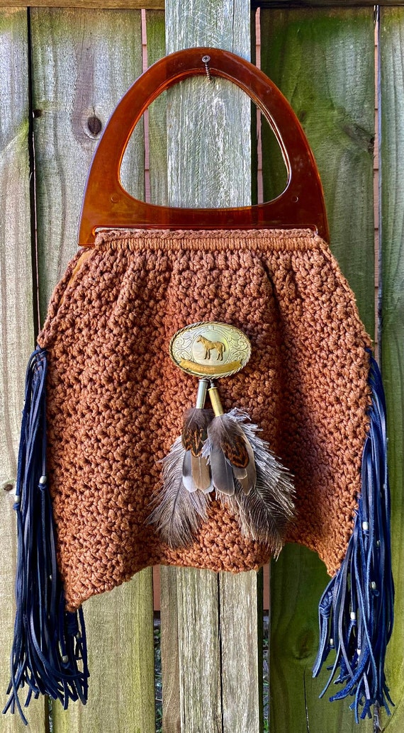 Vintage Macrame Purse With Plastic Handles up Cycled Macrame Purse