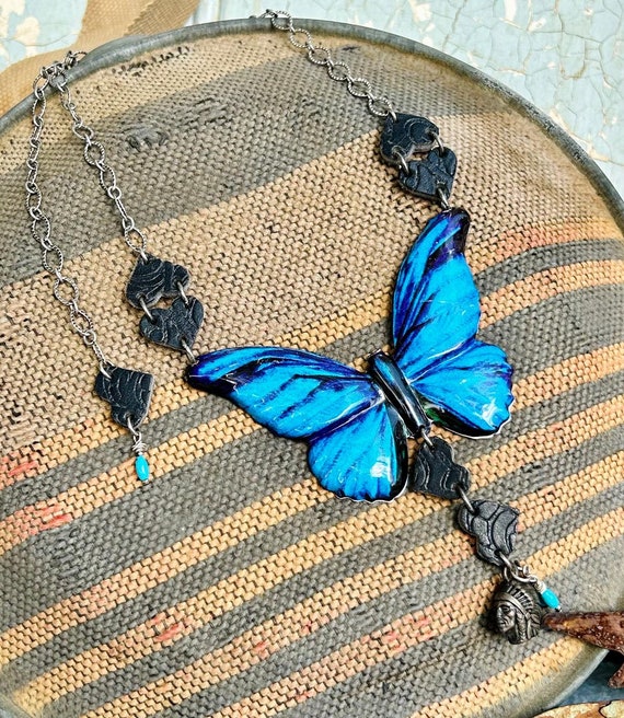 Vintage Aluminum Painted Butterfly Necklace with … - image 6