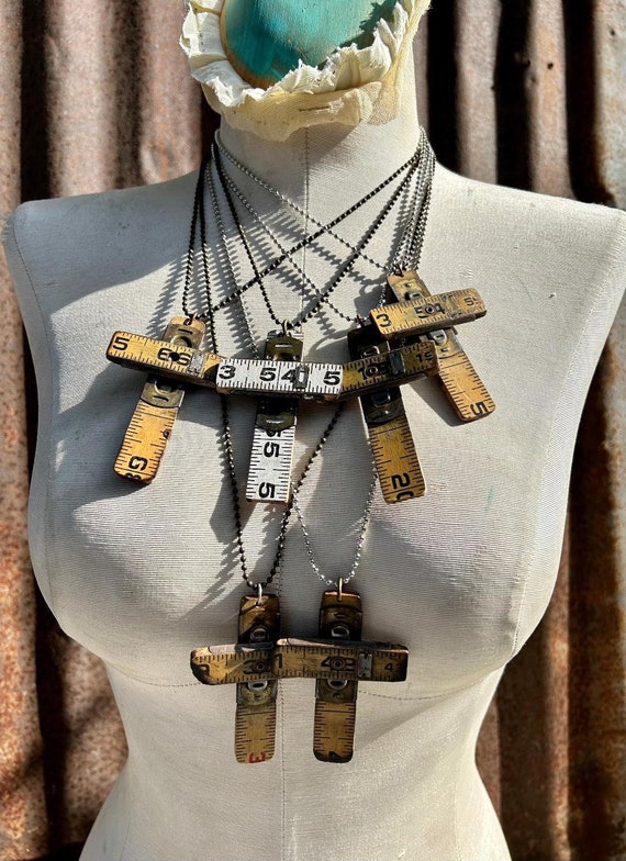 Handmade Vintage Carpenters Ruler Cross Necklace-R