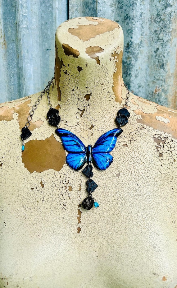 Vintage Aluminum Painted Butterfly Necklace with … - image 2