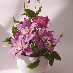 Clematis in the pot-Polymer clay flower-Cold porcelain flower-Flower arrangement-Realistic flower-Real touch flower-Botanical sculpture