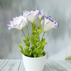 Handmade Clay Realistic Eustoma in the pot-clay floral sculpture-bouquet of artificial flowers-flowers for home decor-ceramic flower bouquet