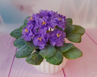Violet in the pot-Polymer clay flower-Cold porcelain flower-Flower arrangement-Realistic flower-Real touch flower-Botanical sculpture