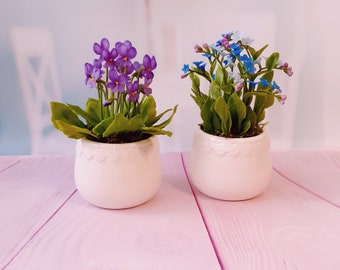 Mini composition set 2 pot -Polymer clay flower-Cold porcelain-Flower arrangement-Realistic Real touch flower-Botanical sculpture