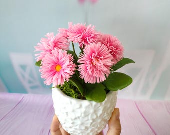 Bellis Flowers-Flower in Pot-Polymer Clay Flowers-Mothers Day-Gift for Women-Gift For Her-Cold porcelain-flower arrangement-Home Decor,