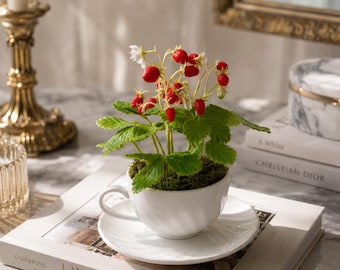 Handmade Wild Strawberry Clay Flower Arrangement: Country Style Berry Decor