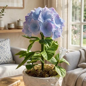 以下が含まれることがあります： 青と紫の花が咲く鉢植えのアジサイ。白いレース模様の鉢に入っています。明るい部屋の木製のテーブルの上に置かれ、窓と額入りの写真があります。