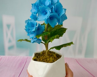 Hortensia dans le pot-Sculpture en argile polymère-Idée cadeau intérieure-Décoration intérieure faite à la main-Fleurs en porcelaine-Bouquet Real touch-Cadeaux