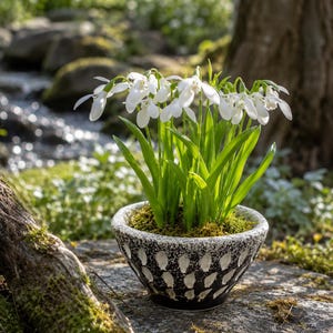 Może przedstawiać: Kępka białych przebiśniegów z zielonymi łodygami i liśćmi posadzona w okrągłej ceramicznej misie. Misa ma czarną zewnętrzną stronę z białym nakrapianym wzorem i teksturowanym brzegiem. Podstawa rośliny jest pokryta zielonym mchem.