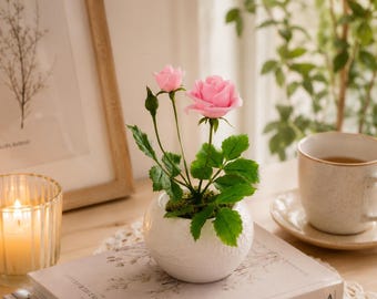 Pink Rose Polymer Clay Flower Arrangement: Handmade Table Centerpiece