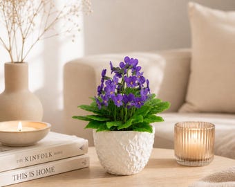 Handmade Polymer Clay Wild Violet Floral Arrangement in Ceramic Pot
