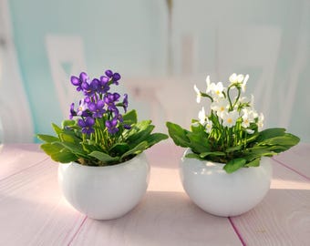 Mini composition set 2 pot-Polymer clay flower-Cold porcelain-Flower arrangement-Realistic flower-Real touch flower-Botanical sculpture