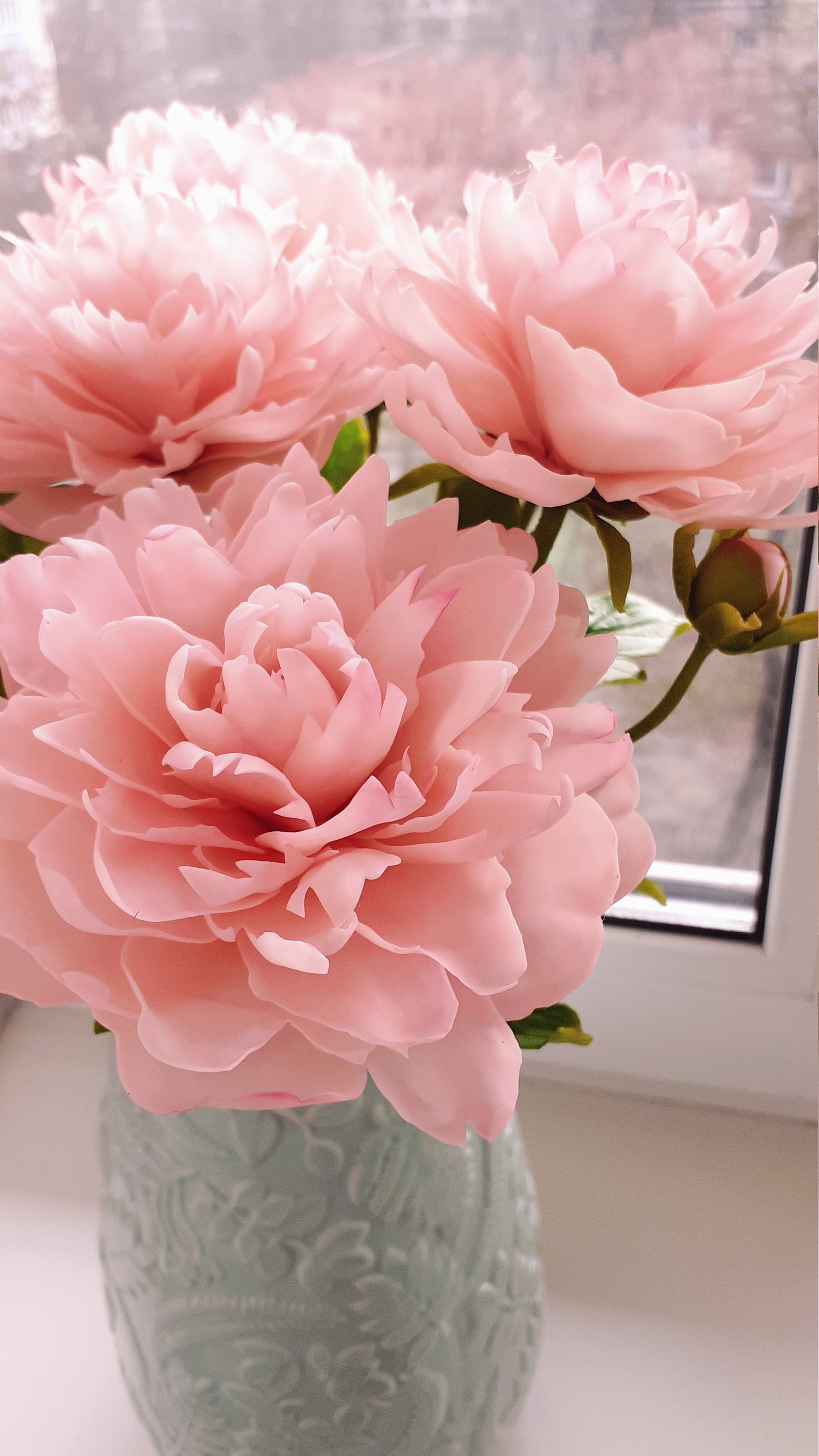 6x6 Clay Floral Open Pink Peony with Buds Bouquet Artwork main image 0