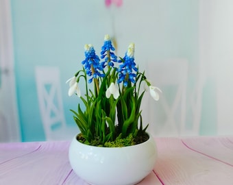 Cold Porcelain Muscari Arrangement: Spring Decor Ceramic Pot