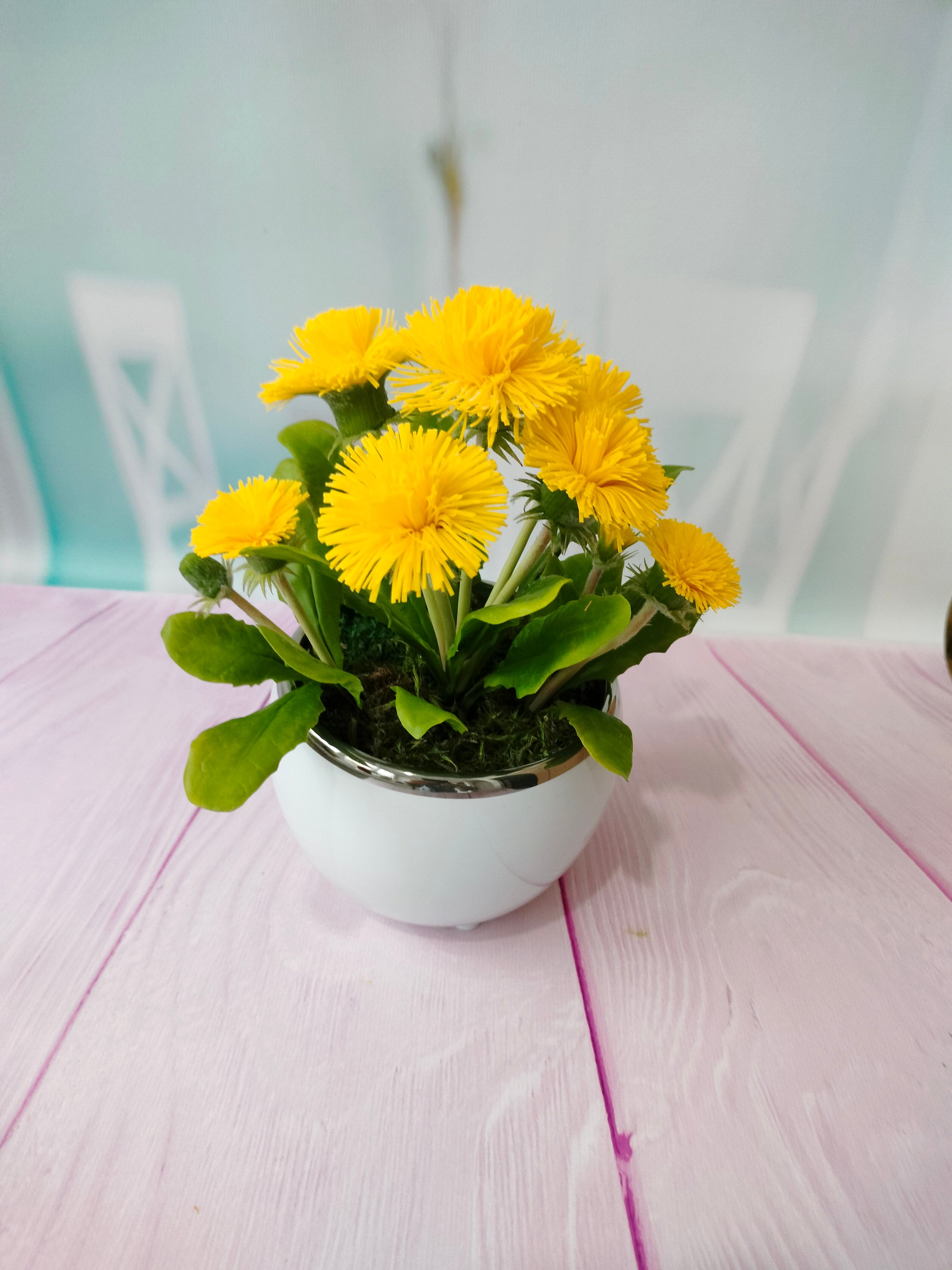 Pissenlits - Fleurs En Argile Polymère Composition Florale Porcelaine Froide Bouquet De Fleurs Au Toucher Réel Pots Plante Artificielle Pot