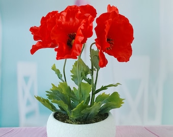 Red poppy сold porcelain Handmade Flowers-Floral Table Centerpiece Decor-romantic gifts for her- Artificial Flower Arrangement