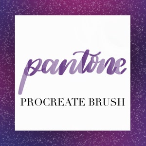 Può includere: Un quadrato bianco con un testo sovrapposto in gradiente viola e bianco che dice "pantone" e il testo "PROCREATE BRUSH" sotto.
