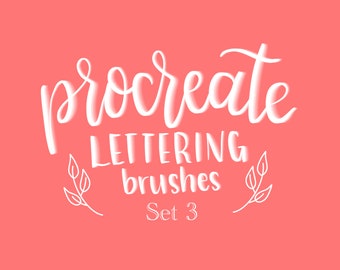 May include: White text on a pink background reads "procreate lettering brushes Set 3".  Two small white stylized leaf branches are on either side of the text.