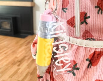 Personalized Backpack Keychain Set | Girls Back to School Backpack Accessory | Name Keychain +  Pencil Shape Chapstick Holder |  Bag Charm