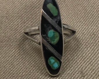 Sterling silver Native American ring with black onyx and turquoise AS IS # 2233 T1