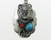 Native American buffalo pendant w turquoise coral ( -0301)