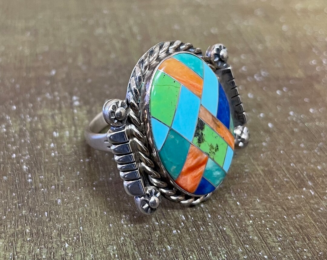 Vintage Navajo RB “running Bear”sterling Silver Multicolored Turquoise ...